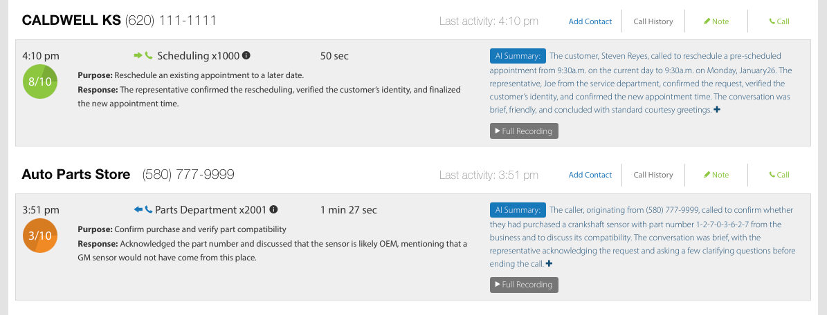Call Intelligence interface showing AI summaries, call scoring, and transcriptions for real estate calls