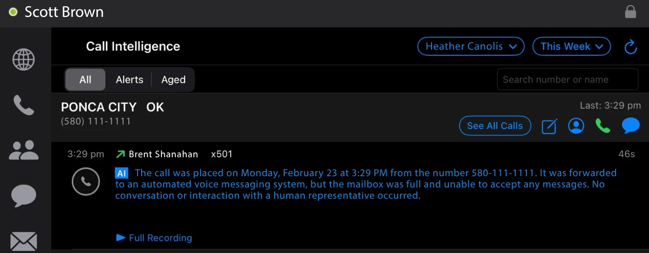 Call Intelligence interface showing AI summaries, call scoring, and transcriptions for real estate calls