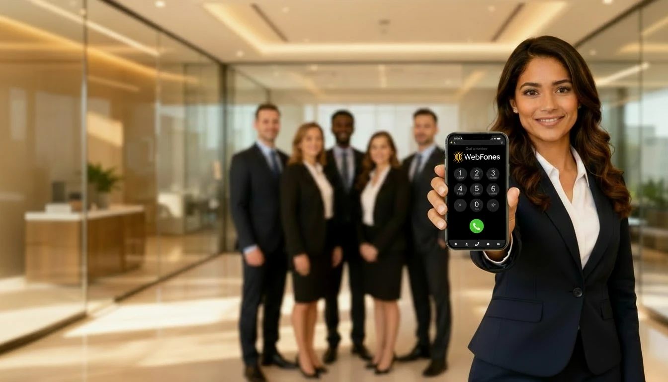 Real estate team in a brokerage office, with an agent holding the WebFones app on her phone