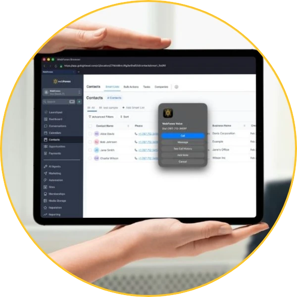 WebFones Browser turning a CRM contact's phone number into a click-to-call action on a tablet