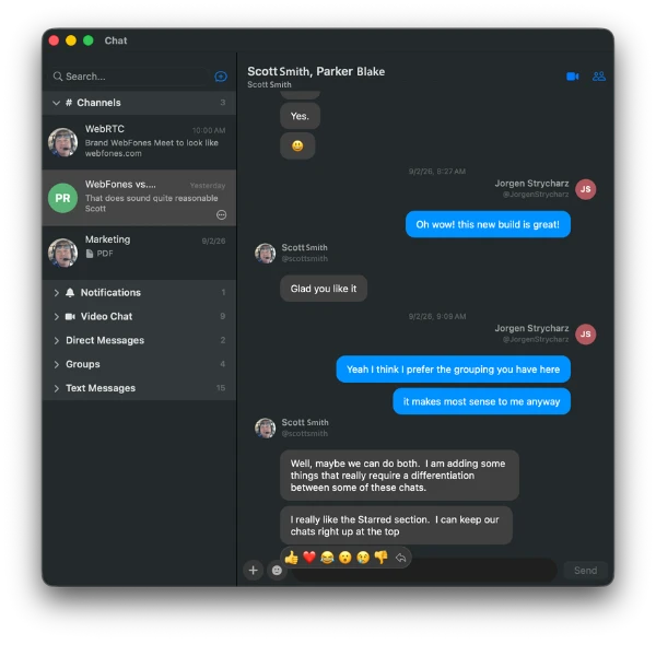 WebFones Voice chat window with channels, groups, direct messages, message reactions, and file sharing