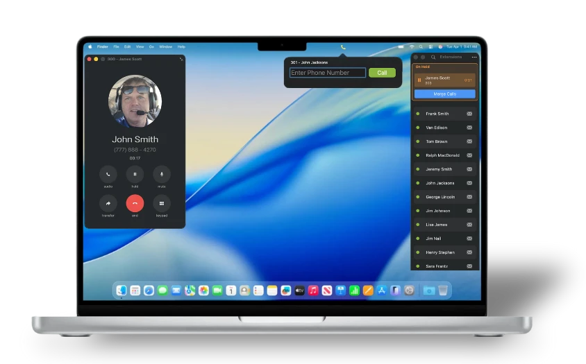 WebFones Voice for Linux — active call window with contact details and extension presence (UI is the same across platforms)